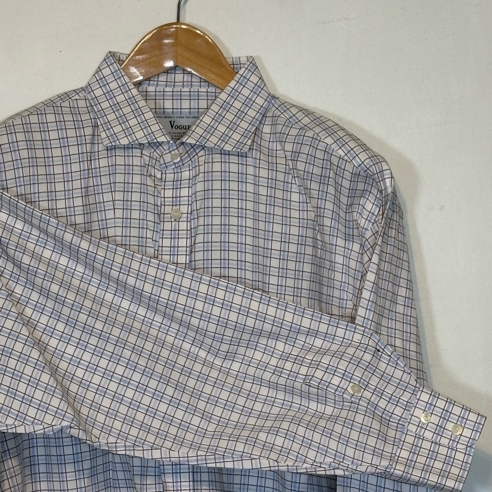 Vintage Vogue Men's White Shirt with Blue and Tan Windowpane Check 2XL T/B